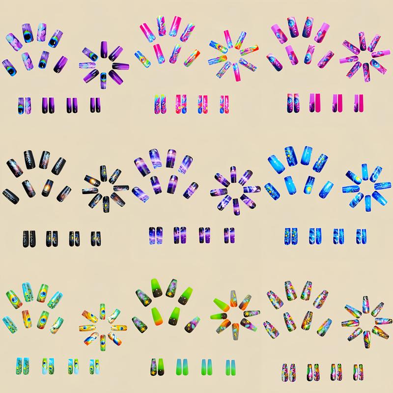 (216 Pieces) 9 Sets of Vibrant Press-On Nails - Mixed Colors, Floral, Cosmic, and Geometric Patterns, Medium Almond Shape, Glossy Surface - Diverse Styles, Fashionable Nail Art, Vibrant Nail Art | Pattern Embossing | Complex nail designs, nail accessories
