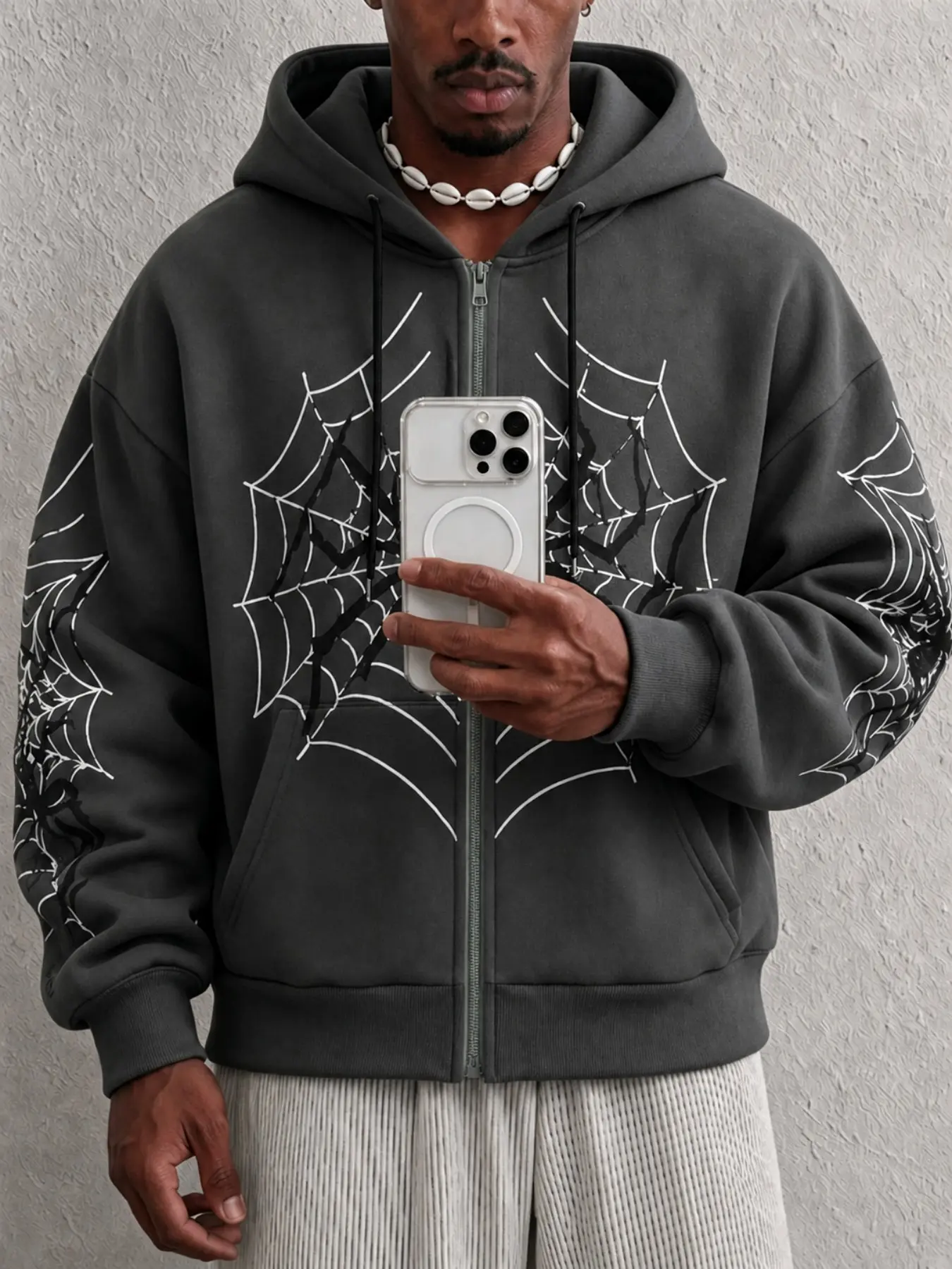 Zip Up Hoodie Men Y2K Dark Grey Spider Web Graphic Printed Oversized Sweatshirt for Unisex Streetwear Daily Wear