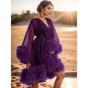 '  Short Wedding Robe - -Neck Tulle Bride Gown with Belt, Loose Fit Short Length for Bridesmaids, Pregnant Brides & Wedding (Multi-Color) - Hand Washable Wedding Attire, No Padding Required