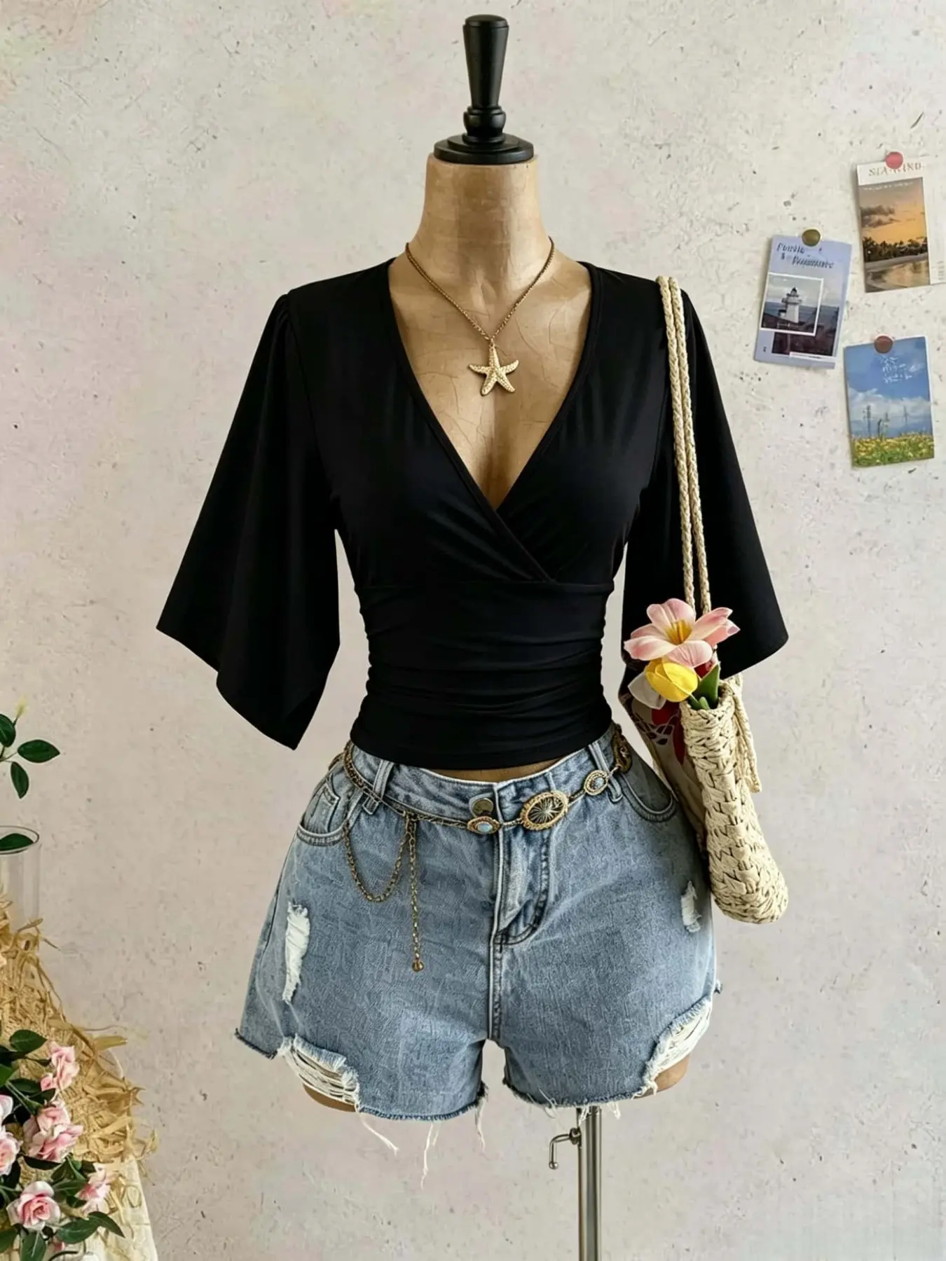 French Pure Desire Elegant Style Deep V Neck Cross Waist Flutter Sleeve Short Top, Casual Streetwear, Date Outing, Commute Outerwear