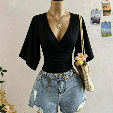 French Pure Desire Style Deep V Neck Cross Waist Flutter Sleeve Short Top, Casual Streetwear, Date Outing, Commute Outerwear, Fashion Women