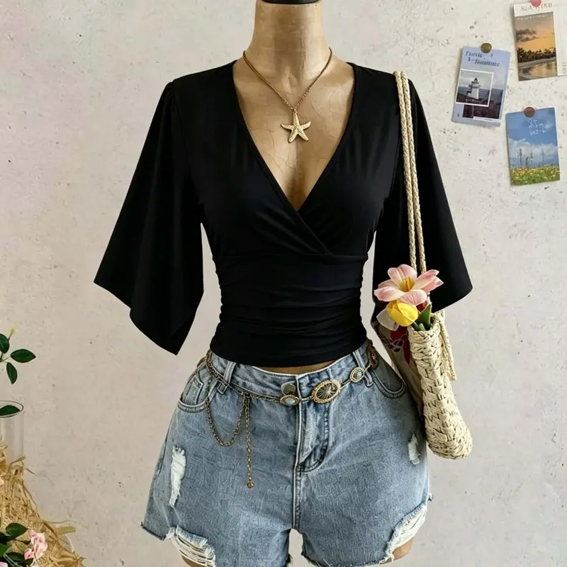 French Pure Desire Style Deep V Neck Cross Waist Flutter Sleeve Short Top, Casual Streetwear, Date Outing, Commute Outerwear, Fashion Women