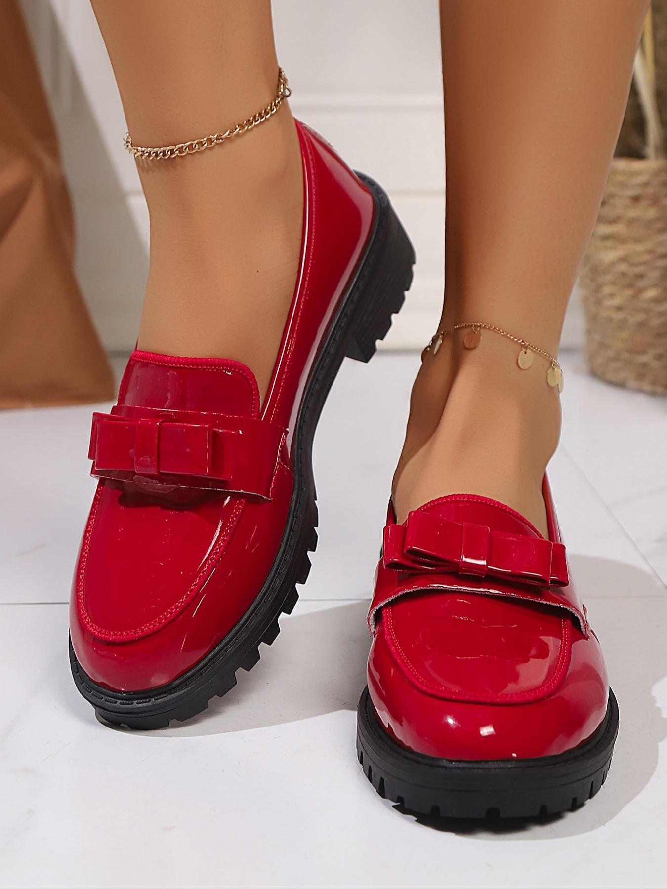 Women's Fashionable Red Color Round Toe Loafers, Pu Leather Loafers, Casual Versatile Chain Decorated Platform Shoes for Daily Wear, Lightweight Breathable Comfortable Shoes for Daily Wear, Footwear