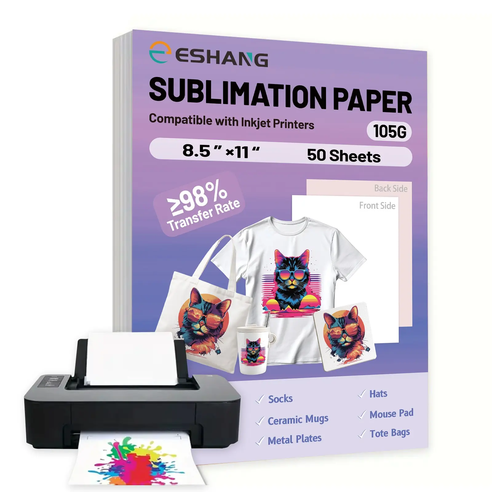 50 Sheets 8.5x11" Sublimation Transfer Paper 105g Fast Ink Release Compatible with Inkjet Printers & Sublimation Ink for DIY T-Shirts Mugs Phone Cases Letter Size