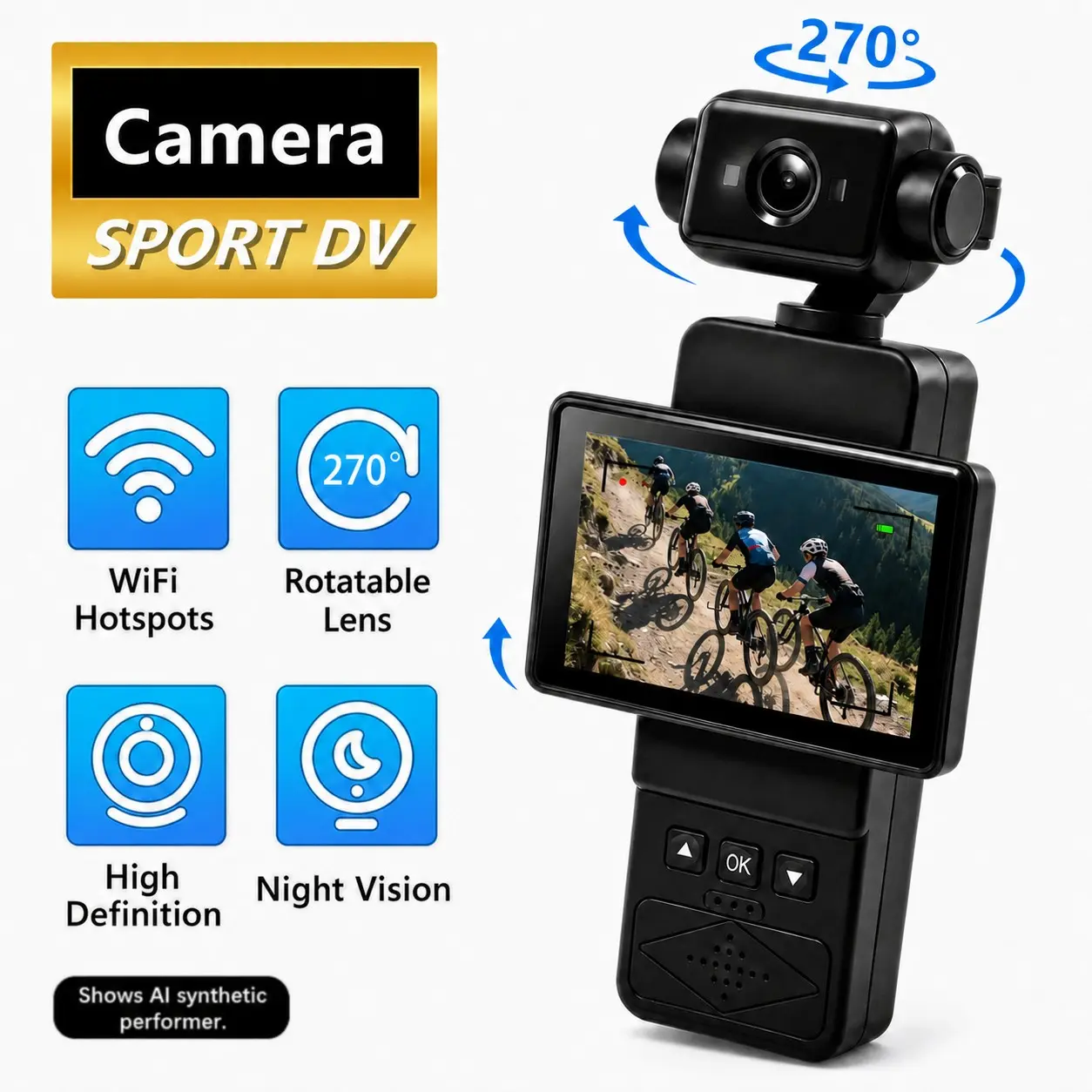 Portable Handheld Camera, WiFi Sports Cam, HDStreaming Camera, 270° Rotatable Head, ManualFlip Screen, 2.78 Inch Display Vlog