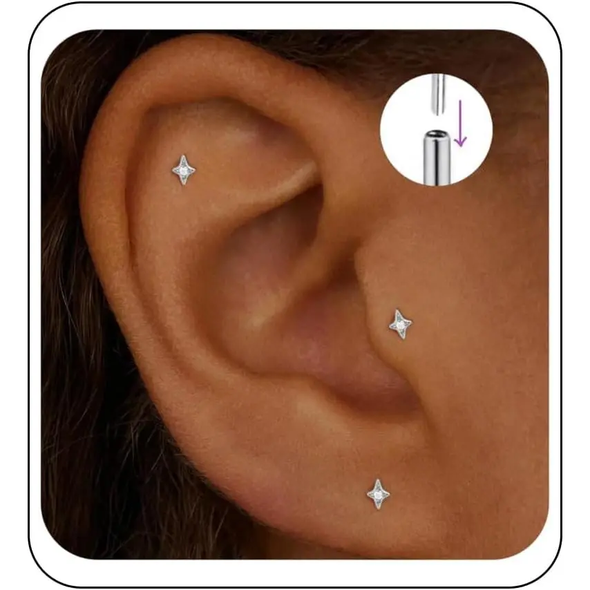Flat Back Stud Cartilage Tragus Helix Nose Piercing Earrings Jewelry For Women Conch Threadless 18G Titanium Surgical Steel Hypoallergenic 14K Gold plated CZ Silver Small Tiny Studs