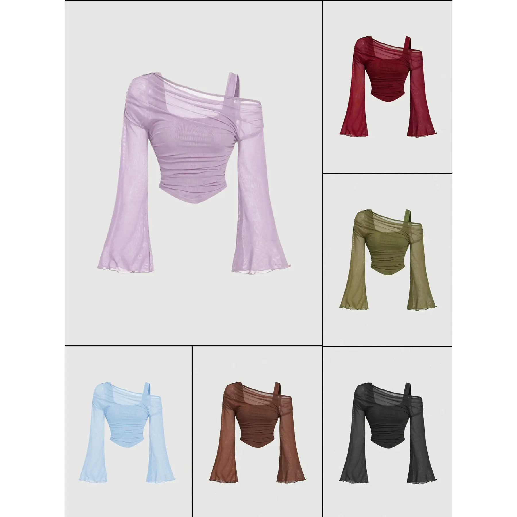 Printed Mesh Fabric Ruched Crop Shirt Asymmetric One Shoulder Flare Bell Sleeve Built In Camisole Layered Elegant Daily Ladies Top