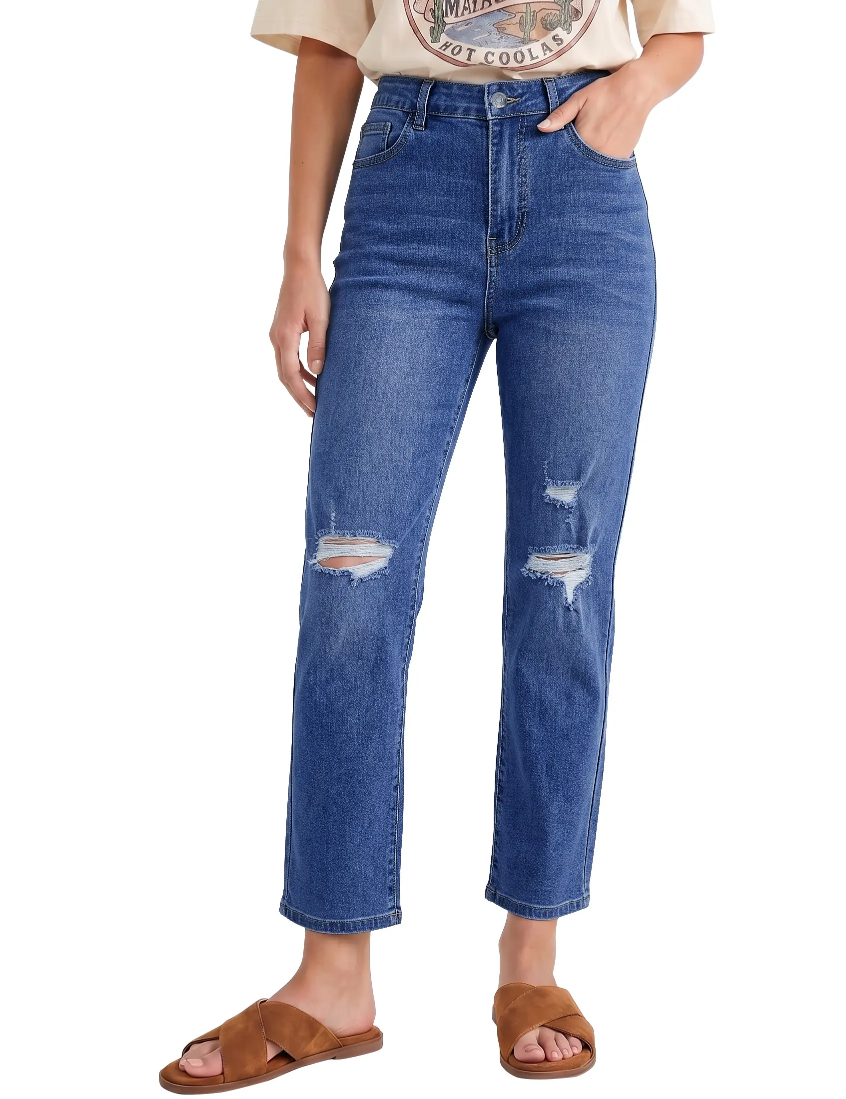Luvamia Women's High Waisted Straight Leg Ripped Jeans, Casual Stretchy Cotton Cropped Denim with Traditional 5-Pocket Design, Cropped Jeans, Trouser, Dressy, Hip, Straight Fit Jeans