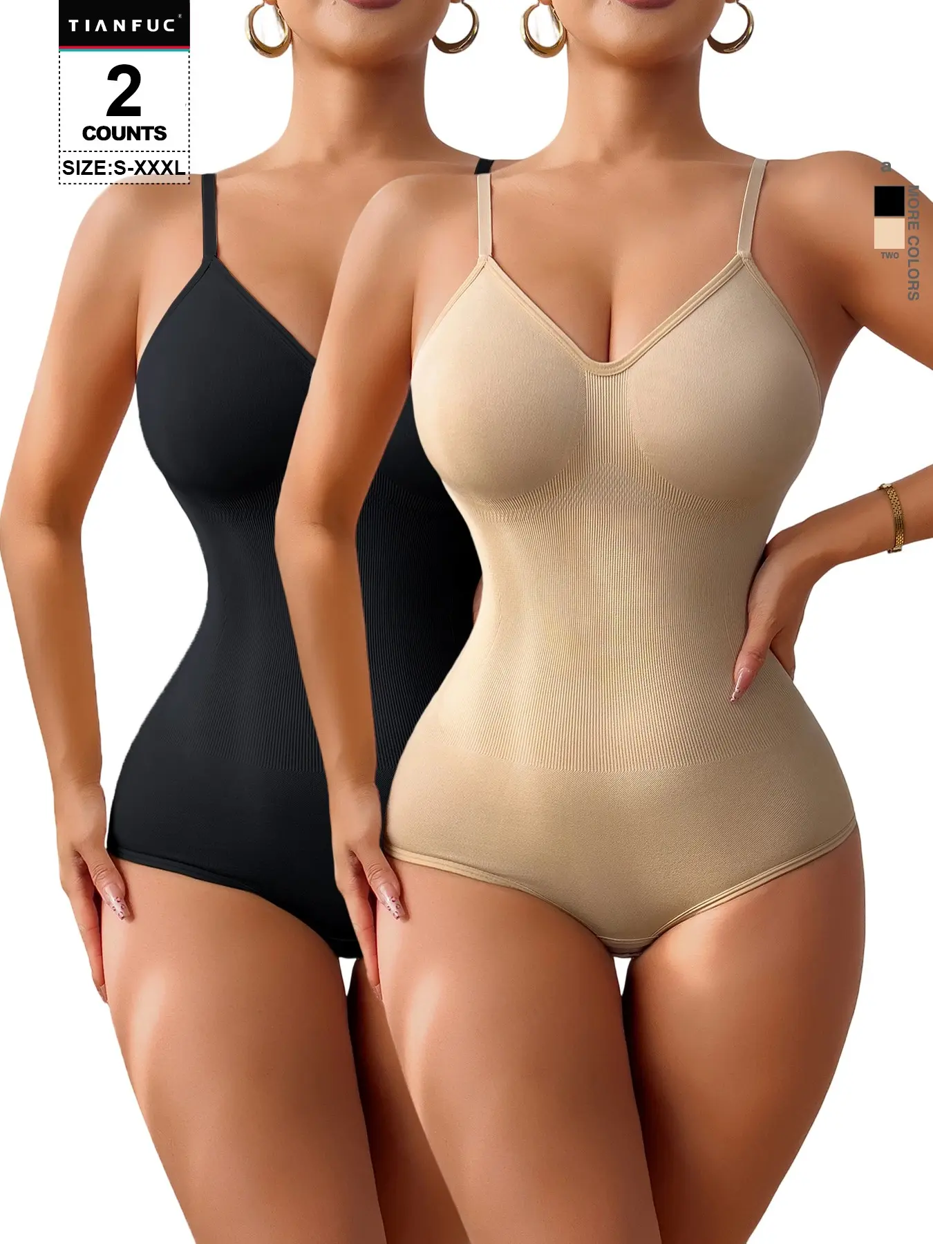 Women V Neck Adjustable Spaghetti Straps Bodysuit, Targeted Tummy & Waist Compression, Seamless Stretch Fabric, Casual Jumpsuit, Multiple Colors