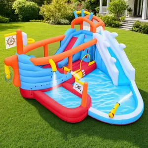 ARCH 9-in-1 Inflatable Kids' Water Slide for Backyard Parties – Durable Construction, Easy Setup, Jump Area, Dual Slides, Climbing Wall, Anchor Ring Toss, Basketball Hoop, Dual Water Guns, Shallow Pool (For Outdoor Domestic Family Use Only)