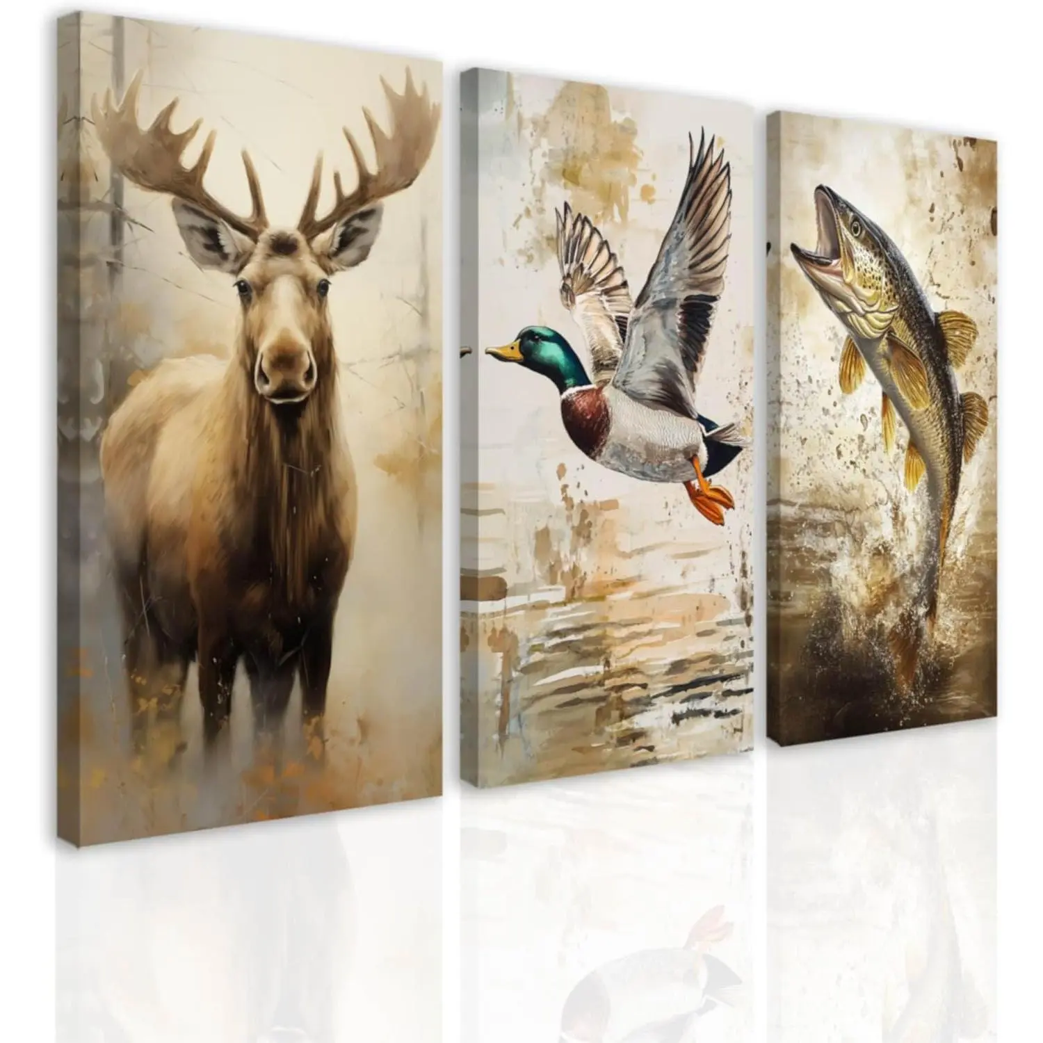 SWQYLB Hunting Animal Wall Art 3 pcs Moose Duck and Fish Pictures Vintage Wildlife Canvas Prints Rustic Cabin Man Cave Lodge Boy Room Home Decor Framed (8"x16"x3)