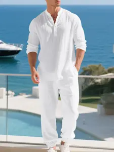 Men's 7 Colors Linen Textured 2 Piece Outfit, Henley Neck Long Sleeve Shirt & Elastic Waist Jogger Pants Set, Lightweight Breathable Casual Summer Beach Tracksuit