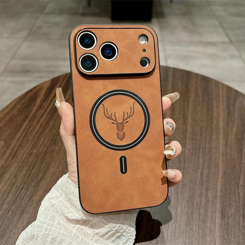 OREKROY Elk Deer Design PU Leather Phone Case For iPhone 17 16 15 14 13 12 Pro Max Shockproof Magnetic Bumper Case Compatible with Mag Safe Wireless Charging Anti-Scratch Camera Protection