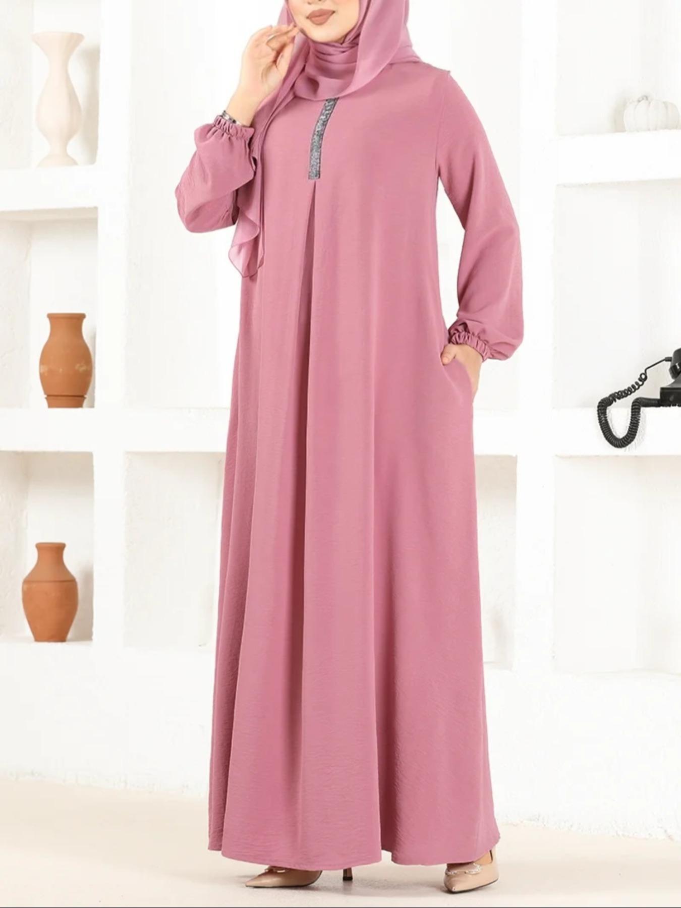 Women's Plain Round Neck Long Sleeve Dress, Casual Solid Color Crew Neck Long Dress for Daily Wear, Ladies Clothes for All Seasons