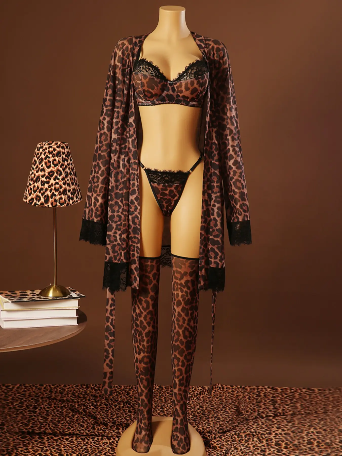 4-Piece Women's Leopard Print Sheer Mesh All Season Lingerie Set, Long Sleeve Lace Trim Kimono Night Gown, Sexy Sleepwear