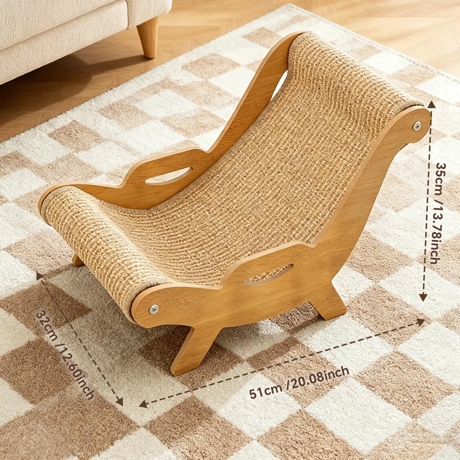 Wooden Cat Lounge Chair with Sisal Surface, 2-in-1 Cat Scratcher Bed for Indoor Cats, Ergonomic Curved Cat Couch for Large Cats, Anti-Slip & All Season Use