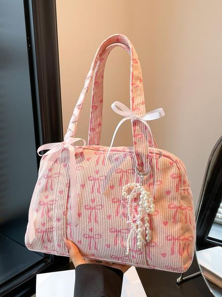 Valentine's Day gift, niche design sweet pink velvet shoulder bag, corduroy butterfly bow with pearl pendant armpit bag, Fashionable shopping purse, cute, multi-functional, suitable for students commuting, shopping, etc.
