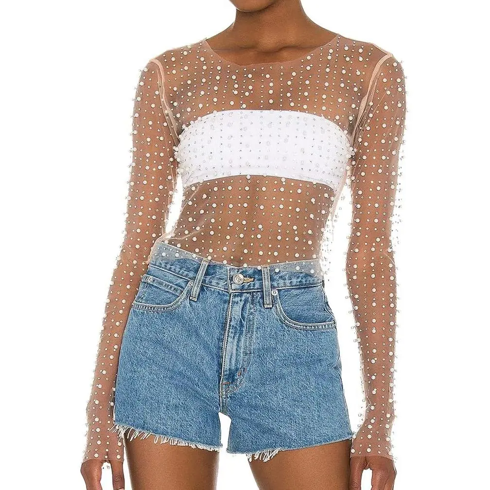 Women's Embroidered Rhinestone Slim Fit Blouse - See-Through Mesh Round Neck Long Sleeve Casual Top with Faux Pearl Sparkle, Shimmer Overlay, Polyester Blend for Party Festivals