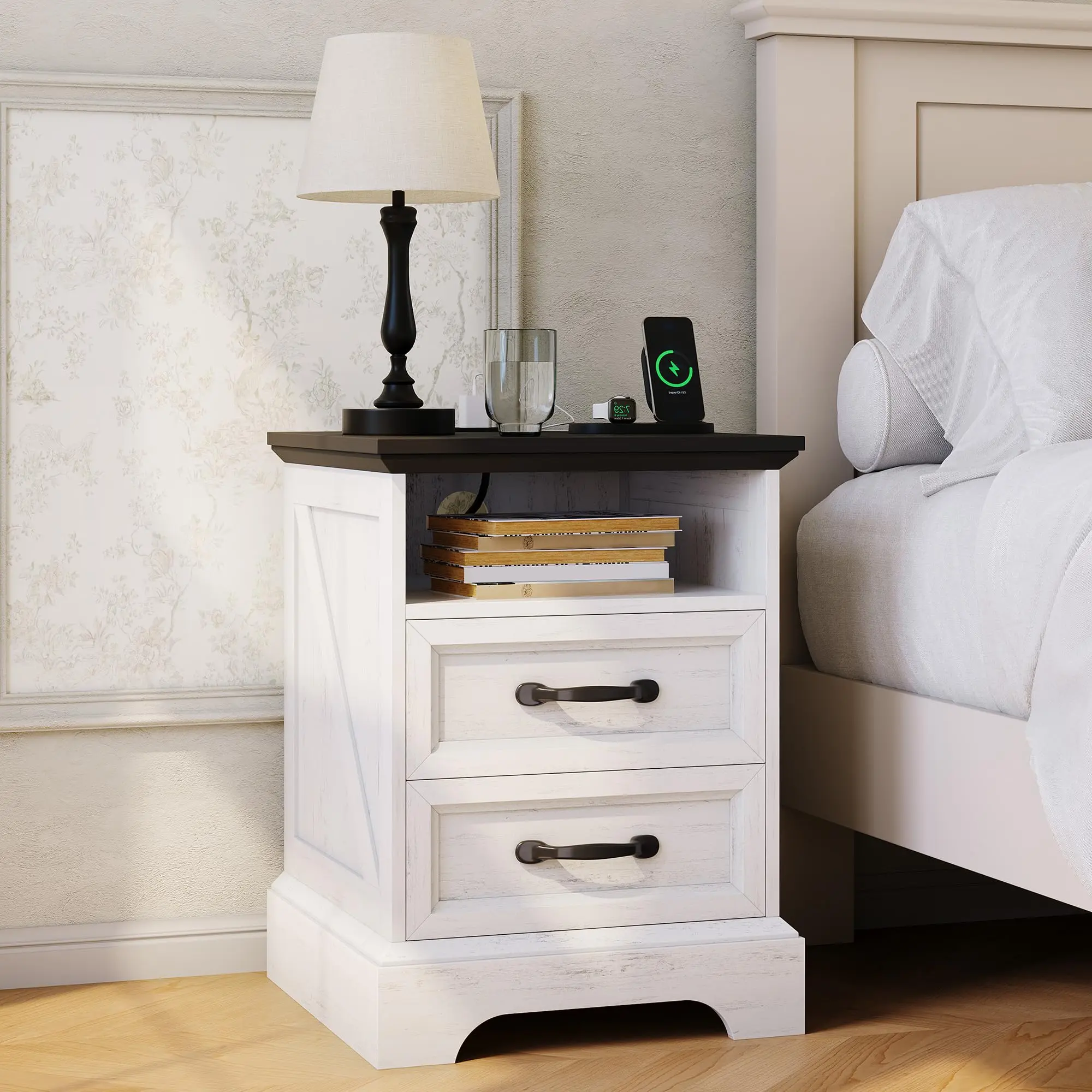 Garvee Farmhouse White Nightstand with Charging Station, 2 Drawers, Open Shelf, Large Rustic Bedside Table Featuring USB Ports & AC Outlets for Convenient Bedroom Use