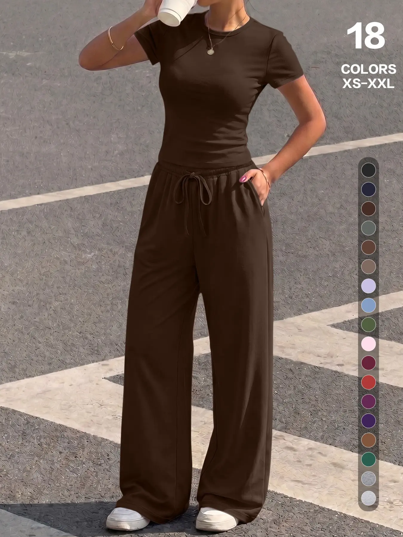 Summer Minimalist Basic Matching Set, Form-Fitting Short Sleeve Top & Drawstring Wide Leg Trousers, Casual Co-Ord Set, Instagram Viral Daily Wear