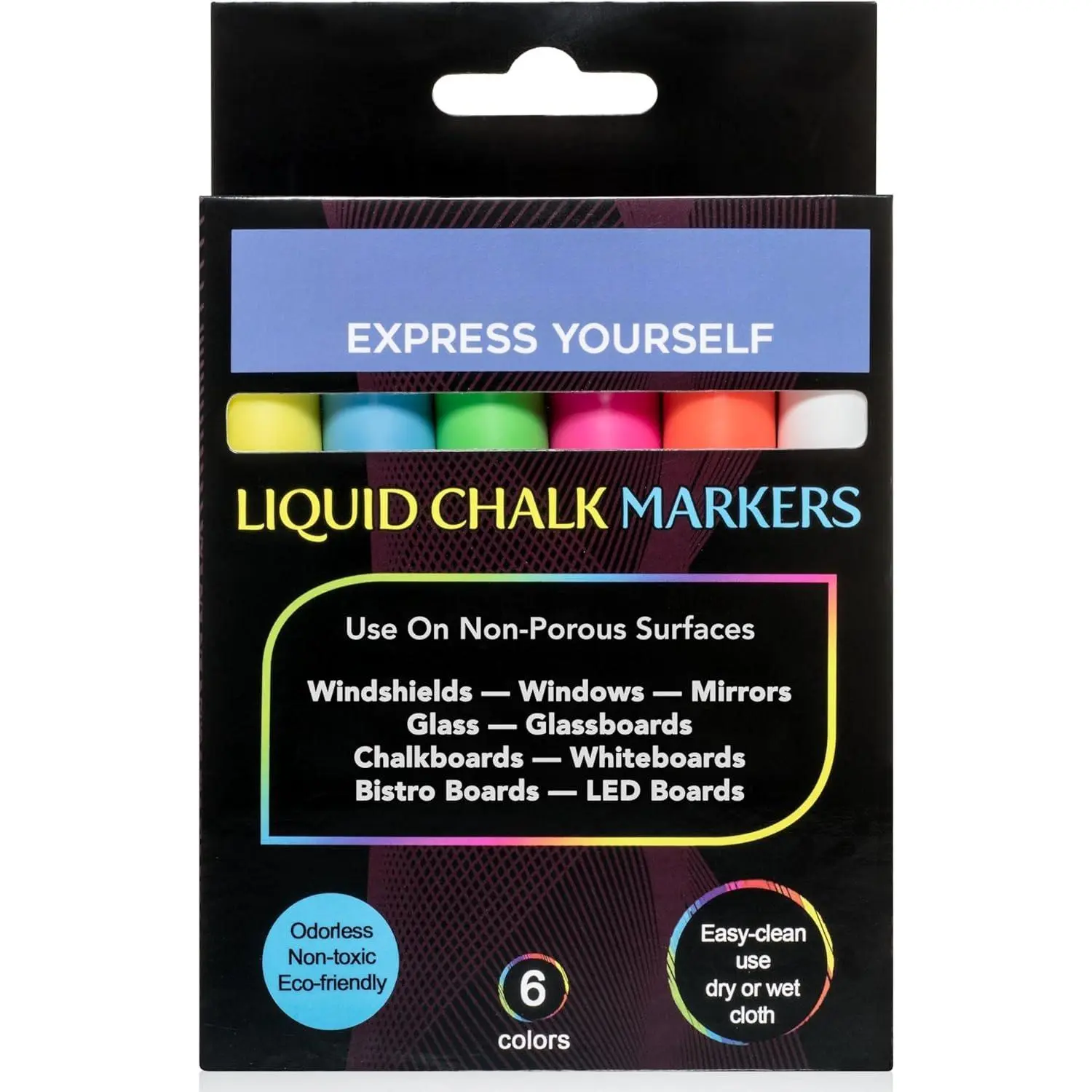 Liquid chalk markers washable, erasable, dry or wet erase. 6 neon markers for whiteboards, glass boards, mirrors, chalkboards, windows,  windshields, glass. , reverse tip pens