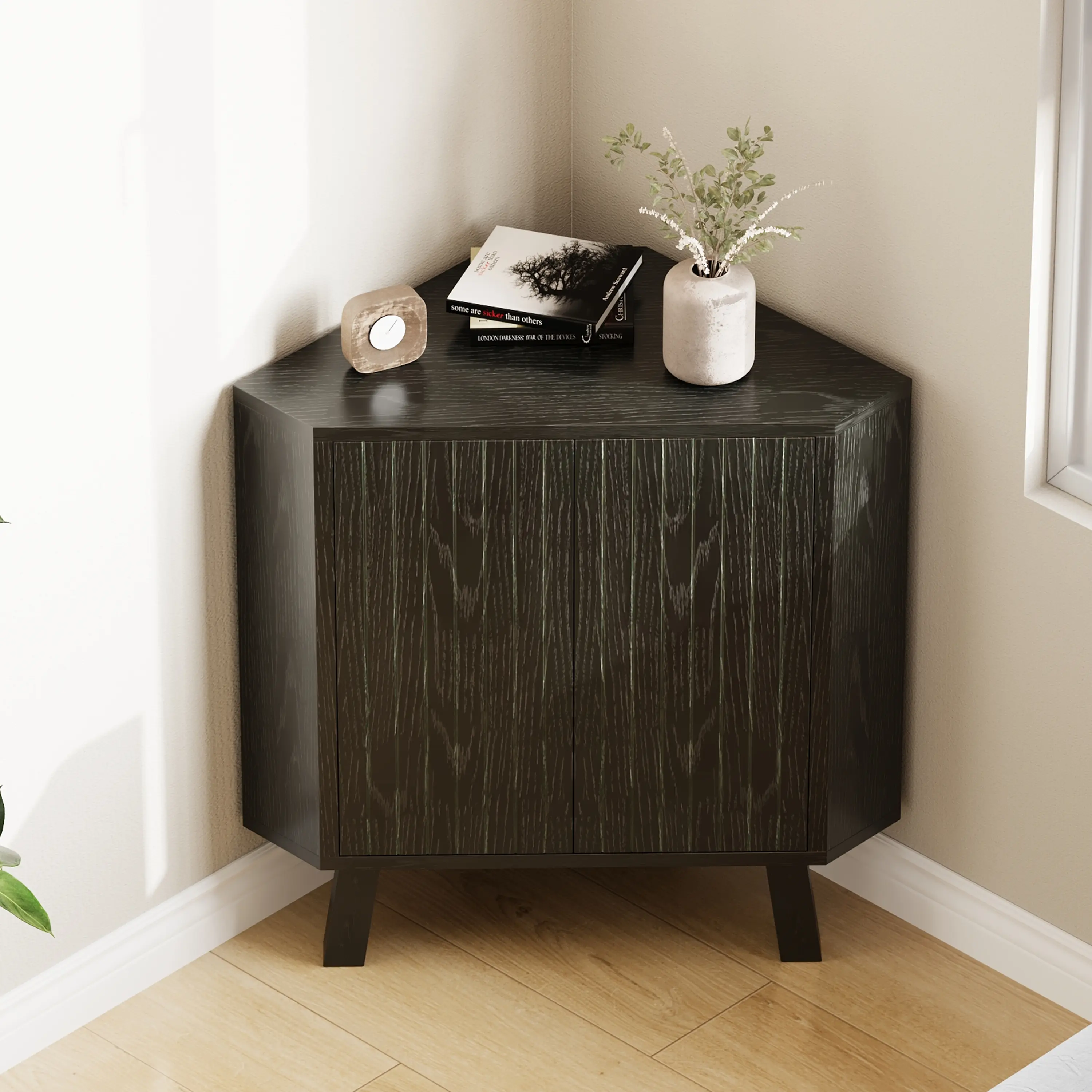 Fluted Floor Corner Cabinet, Freestanding Bathroom Cabinet with Adjustable Shelf, Narrow Kitchen Pantry Cabinet for Living Room Bathroom
