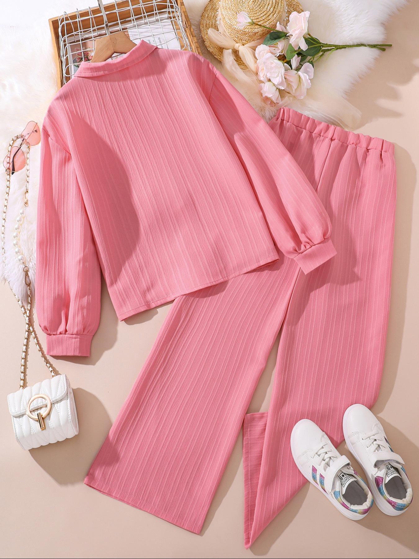 Two-piece Set Girl's Solid Color / Bow Pattern Shirt & Pants Set, Suits, Casual Long Sleeve Collared Top & Trousers for Spring & Fall, Kids Clothes for Daily Wear