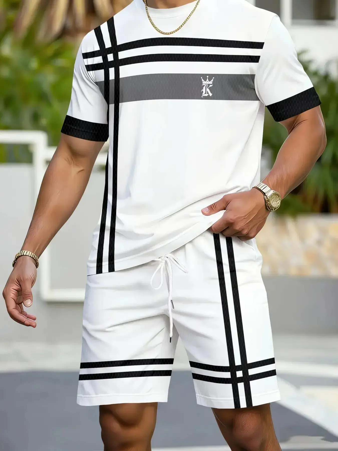 Men Letter Stripe Geometric Two Piece Outfit Crew Neck Short Sleeve T-Shirt & Drawstring Shorts Casual Summer Co Ord Set
