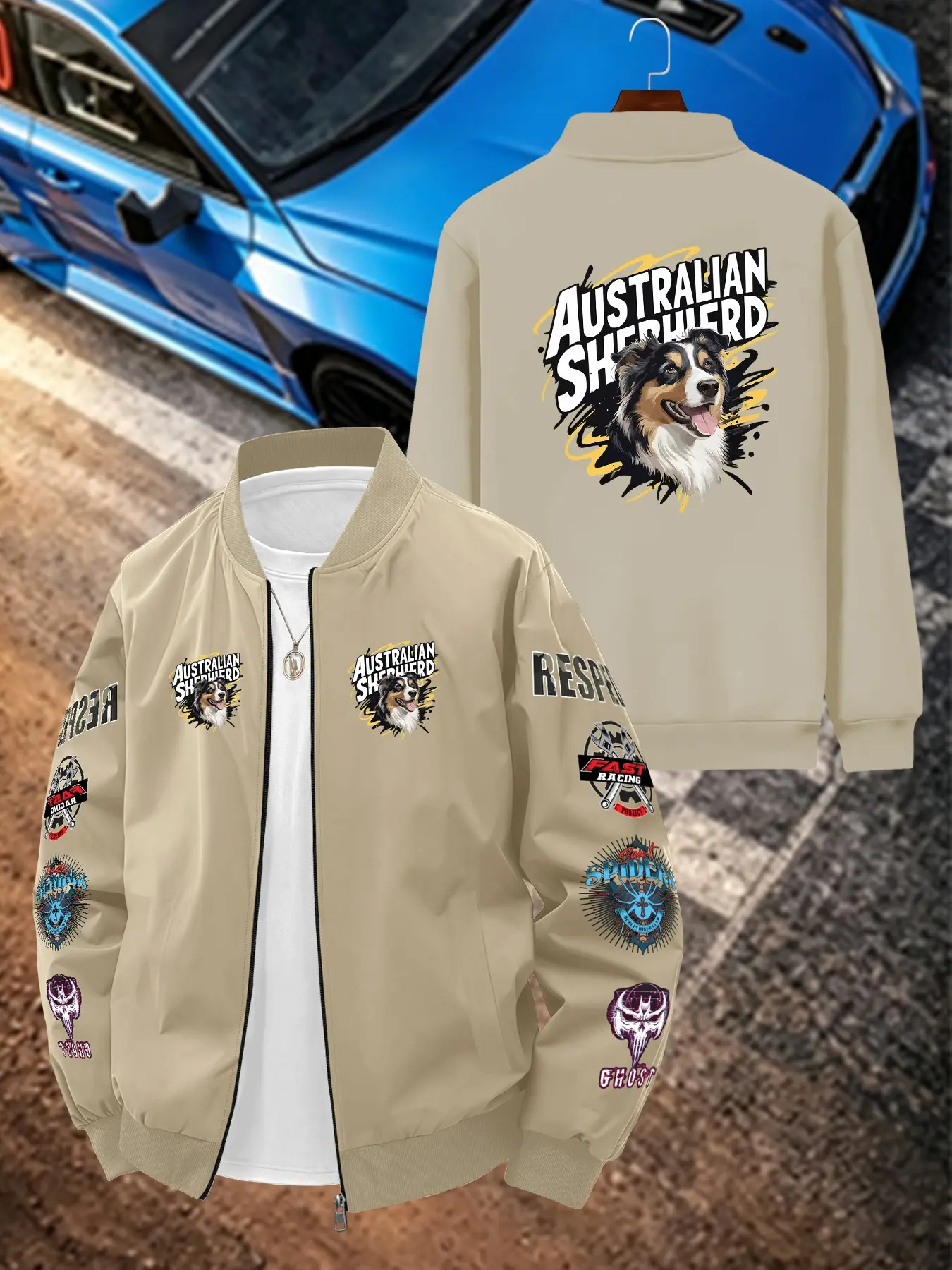 American Street Style Australian Shepherd Pattern Men's Casual Jacket, Long Sleeve Loose-Fit Outerwear, Geometric Design, All Seasons
