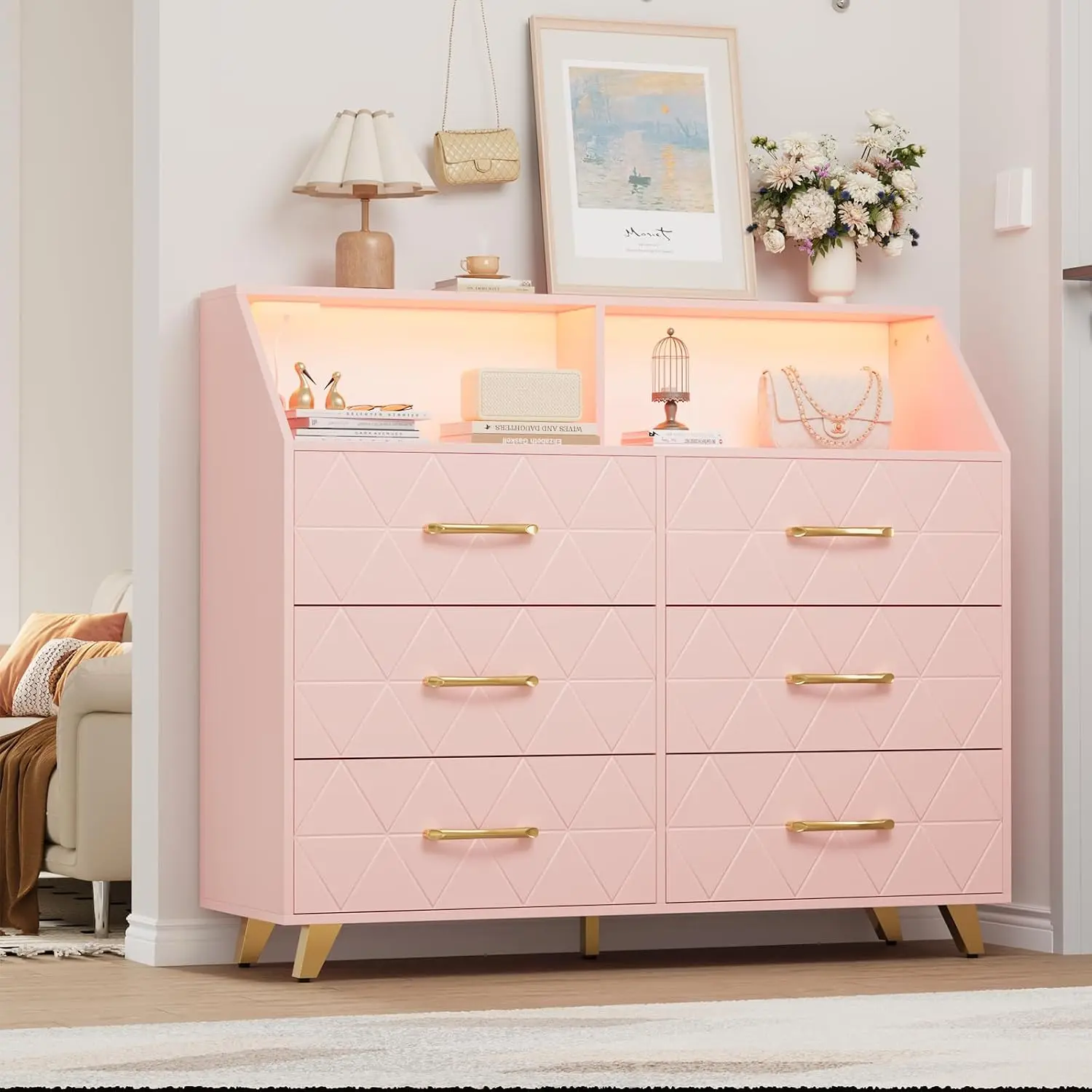 6 Drawer Wooden Dressers for Bedroom with LED Lights and Charging Station, Modern Pink Dresser, Geometric Chest of Drawers with Gold Metal Legs and Handles, Multi-Functional Storage TV Stand for Living Room, Closet, Hallway and Entryway Home Decor