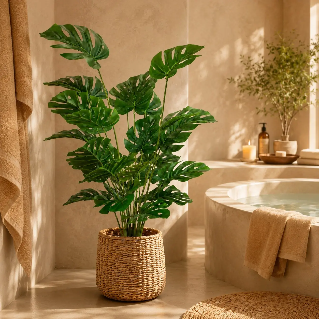 Artificial Monstera Plant 37.4 Inch Faux Floor Greenery, Fake Greenery with Black Pot Decorative Stones Tropical Leaf Decor for Home Office Living Room Bedroom DIY Arrangement Birthday Decoration Gift Vase Styling Indoor Outdoor Corner Accent