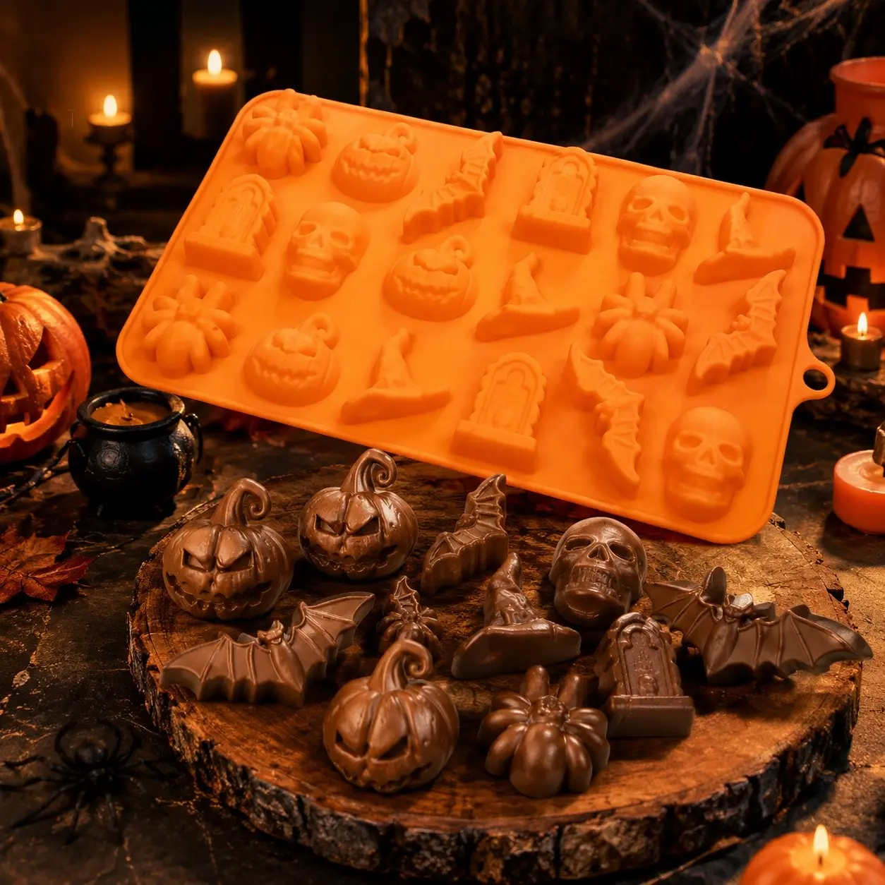 1-piece/2-piece Halloween Pumpkin and Spider Chocolate Silicone Gummy Molds - 18-cavity silicone cake mold set featuring pumpkin hats and skulls, candle molds, and plaster molds of spiders, bats, and tombstones. Suitable for cake decorating, chocolate, re