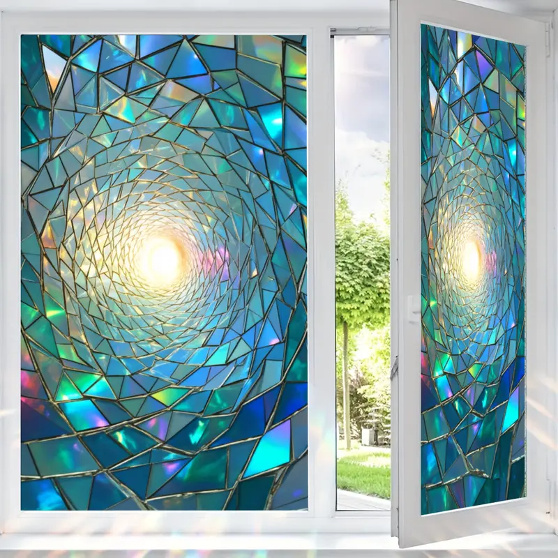 2D Flat Static Cling Stained Glass Spiral Pattern Window Film Ornament For Living Room And Bedroom Removable