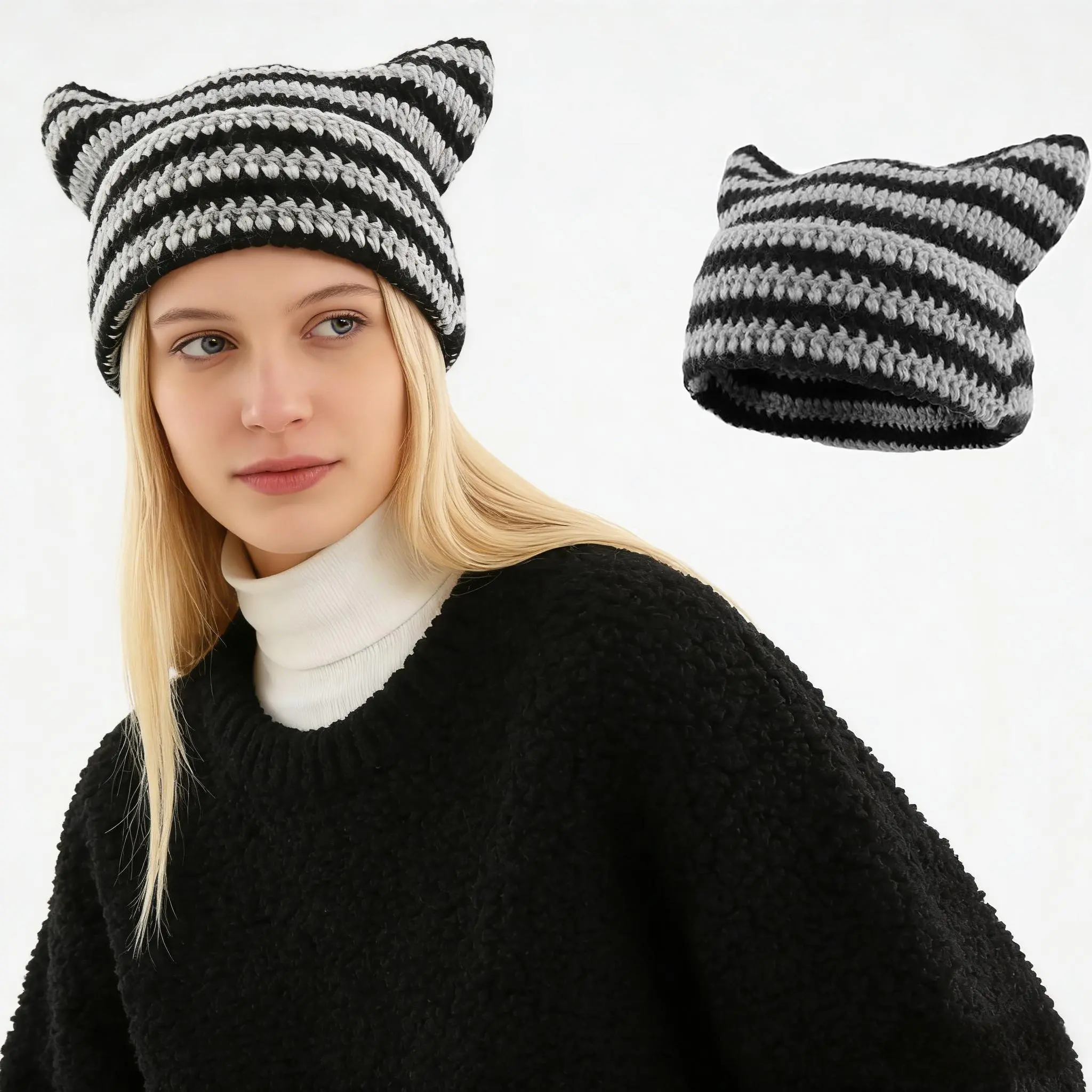 Winter Cat Ear Beanie for Women Men Crochet Hat Knitted Hat Y2K Cute Ear Hat Emotional Support Crochet Beanie Comfortable Soft Material Kitsch Bonnet Funny Cap Hat Accessory