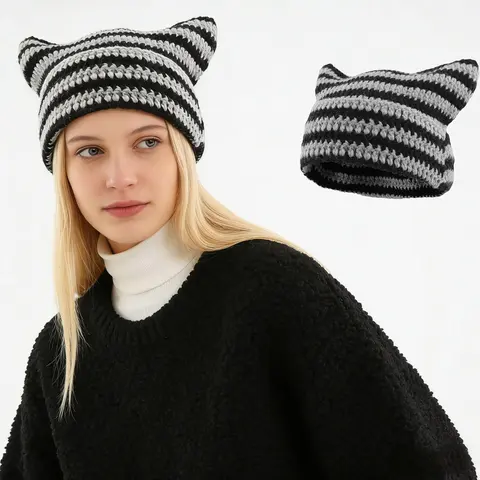 Women's Winter Cat Ear Crochet Beanie Hat - Soft Material, Y2K Kitsch Style, Emotional Support, Unisex Elastic Fit, Casual Daily Wear, Funny Cap for Female, Girlfriends