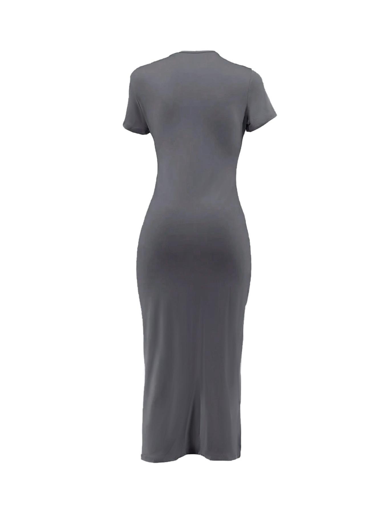 Women's Plain Ruched Drawstring Split Thigh Bodycon Dress, Lady Casual Asymmetrical Round Neck Shortsleeve Dress for Party Club Dating Wear, Women's Dress for Summer, Womenswear, Minimalist Date Night Dresses, Bodycon Side Slit, Formal Bodycon Dress