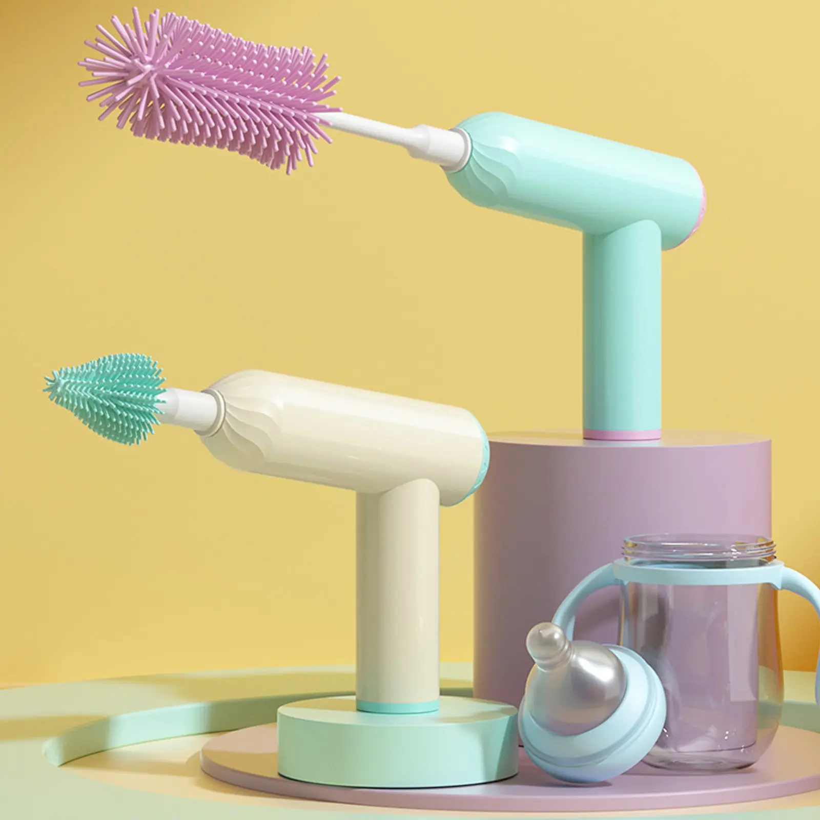 1 Set Electric Rotating Bottle Cleaning Brush with Replaceable Brush Heads and Straw Brush for Bottles and Cups
