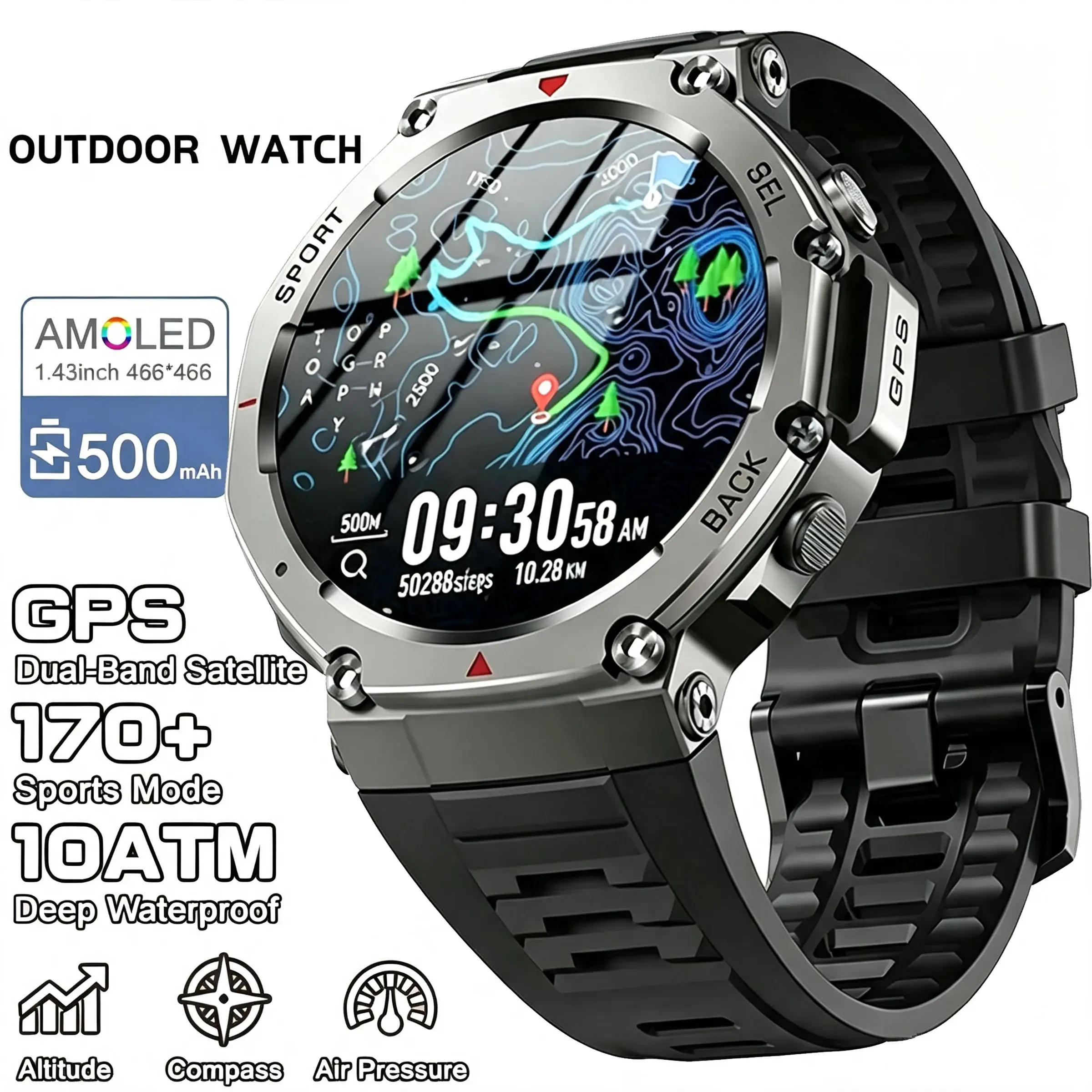 New Outdoor Military Dual-Band GPS Smart Watch, 5atm Waterproof, 500mah Battery, Compass, Barometric Altimeter, HD Call, Bluetooth-compatible, Android Compatible