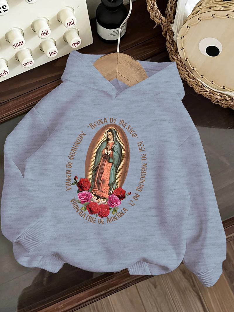 Girls' Mexican Virgin of Guadalupe Hooded Sweatshirt Vibrant Pink Religious Apparel Cozy Fall Winter Pullover for Catholic Girls Soft 100% Cotton Fabric Machine Washable