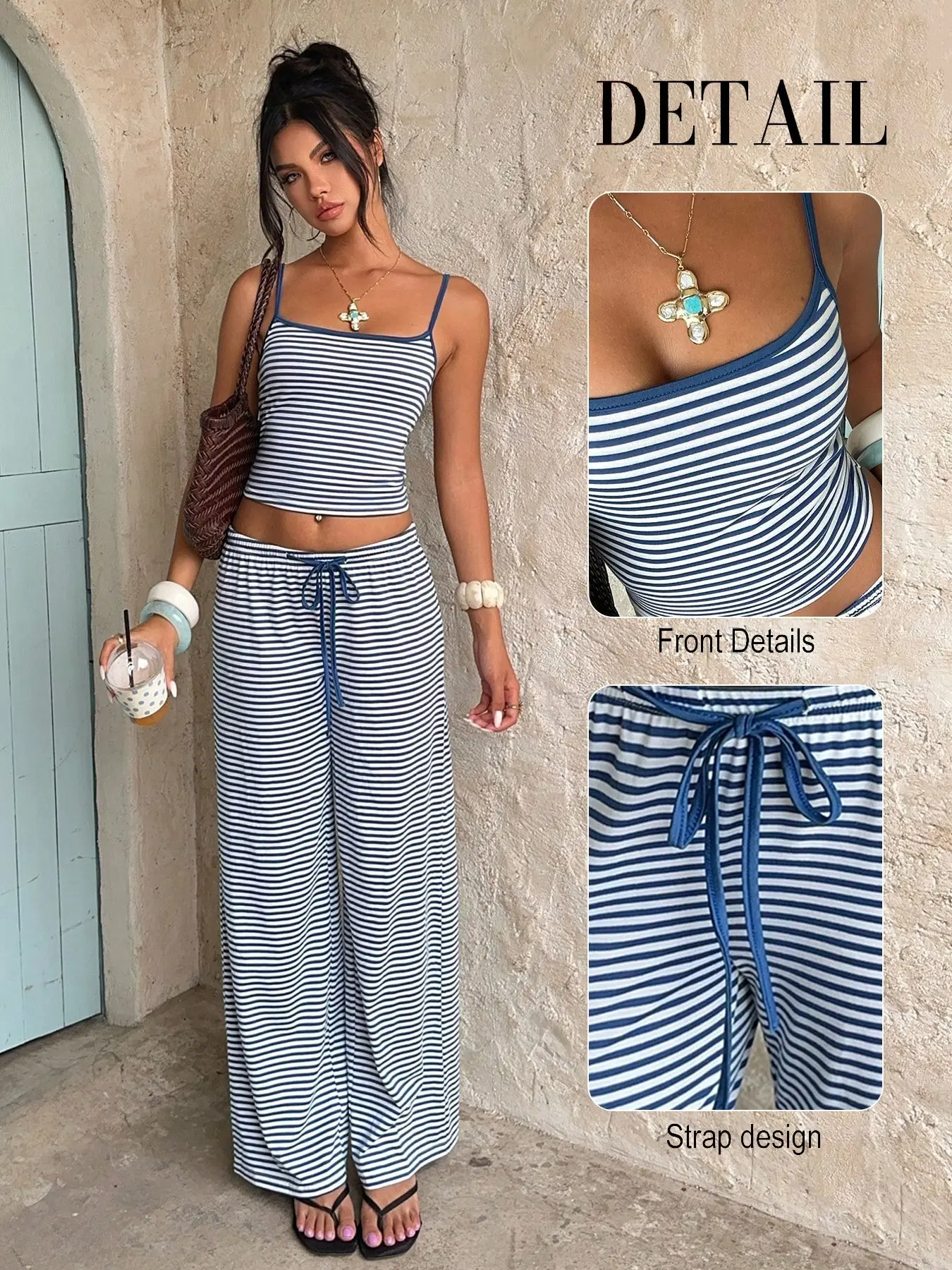 Stretchy Soft Jersey Striped Crop Cami Flare Matching Set, Viral Clean Girl Aesthetic Loungewear, Coffee Run Beach Two Piece Outfit, Elastic Drawstring High Waist Slimming Women Co Ord, Lightweight Breathable Skin Friendly Daily Travel Casual Summer Fit