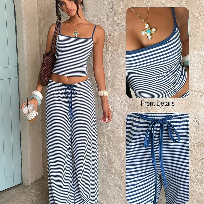 Women's 2-Piece Striped Matching Set, Striped Crop Cami Tank Top & High-Waist Drawstring Pants, Co-Ord Set, Soft Stretchy Elastic Jersey Summer Outfit for Beach, Coffee Run & Vacation