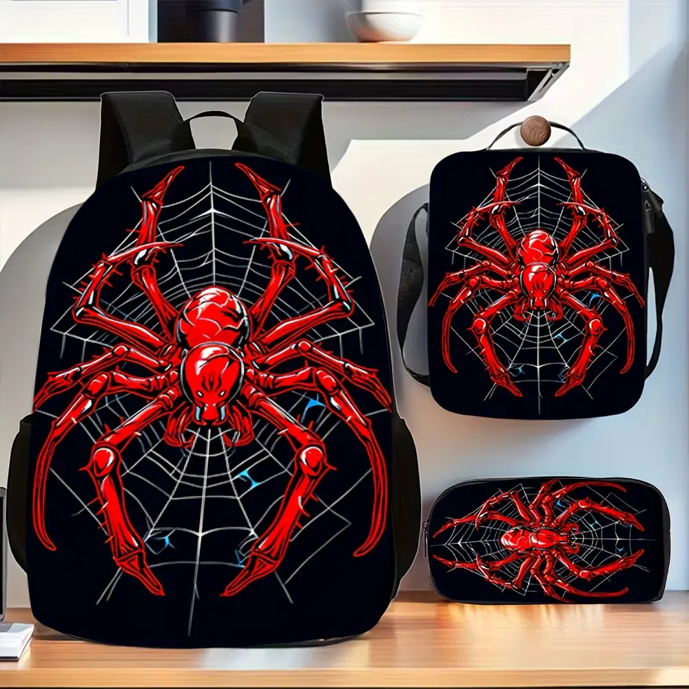Superhero Theme 3Pcs Backpack Accessories Pack - Bright Red Spider & White Web Graphic, Waterproof Oxford Cloth Backpack, Insulated Lunch Bag, Pencil Case, Safe Materials For Boys School Daily Use, Zipper, Oxford Fabric
