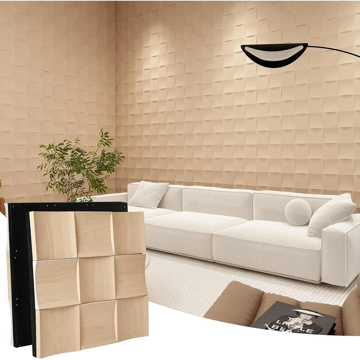 Modern Checkered MDF-Polyester Acoustic Panels, 1-Pack (11.8"x11.8") Indoor Grain Sound Absorbing Noise Reduction Tiles for Ceiling/Walls, Decorative for Studios/Offices