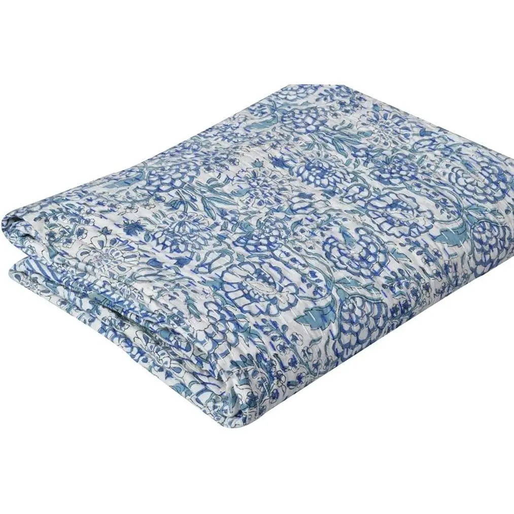 Traditional Indian Cotton Quilted Hand Block Print Kantha Throw Blanket Bedspread, Queen Size (White, 90x108 in)