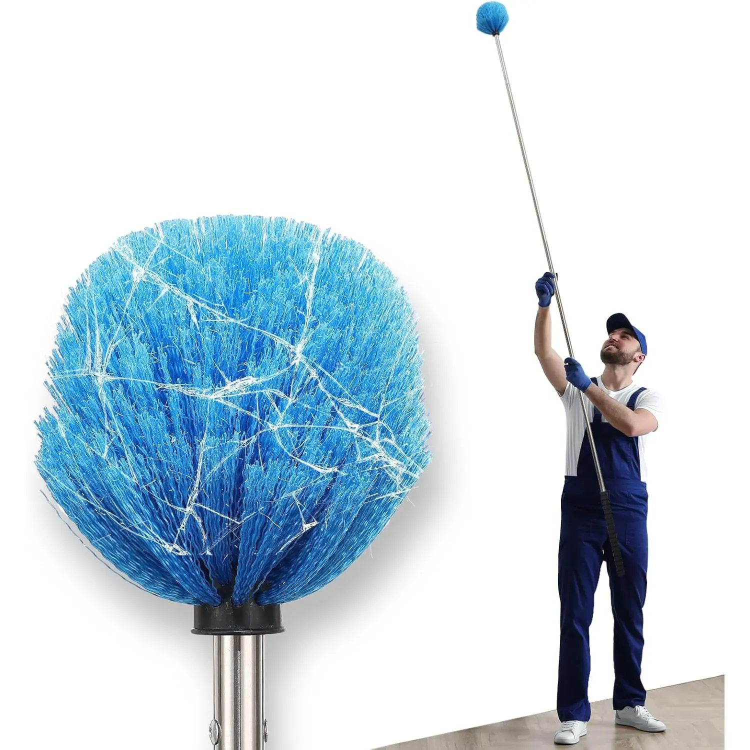 Cobweb Duster with 5FT Extension Pole, Adjustable Stainless Steel Handle & Stiff Bristles – Lightweight Dusting Brush for Indoor/Outdoor Cleaning –Ceiling Fans,Corners,Eaves,Vents,Cleans Up to 12FT