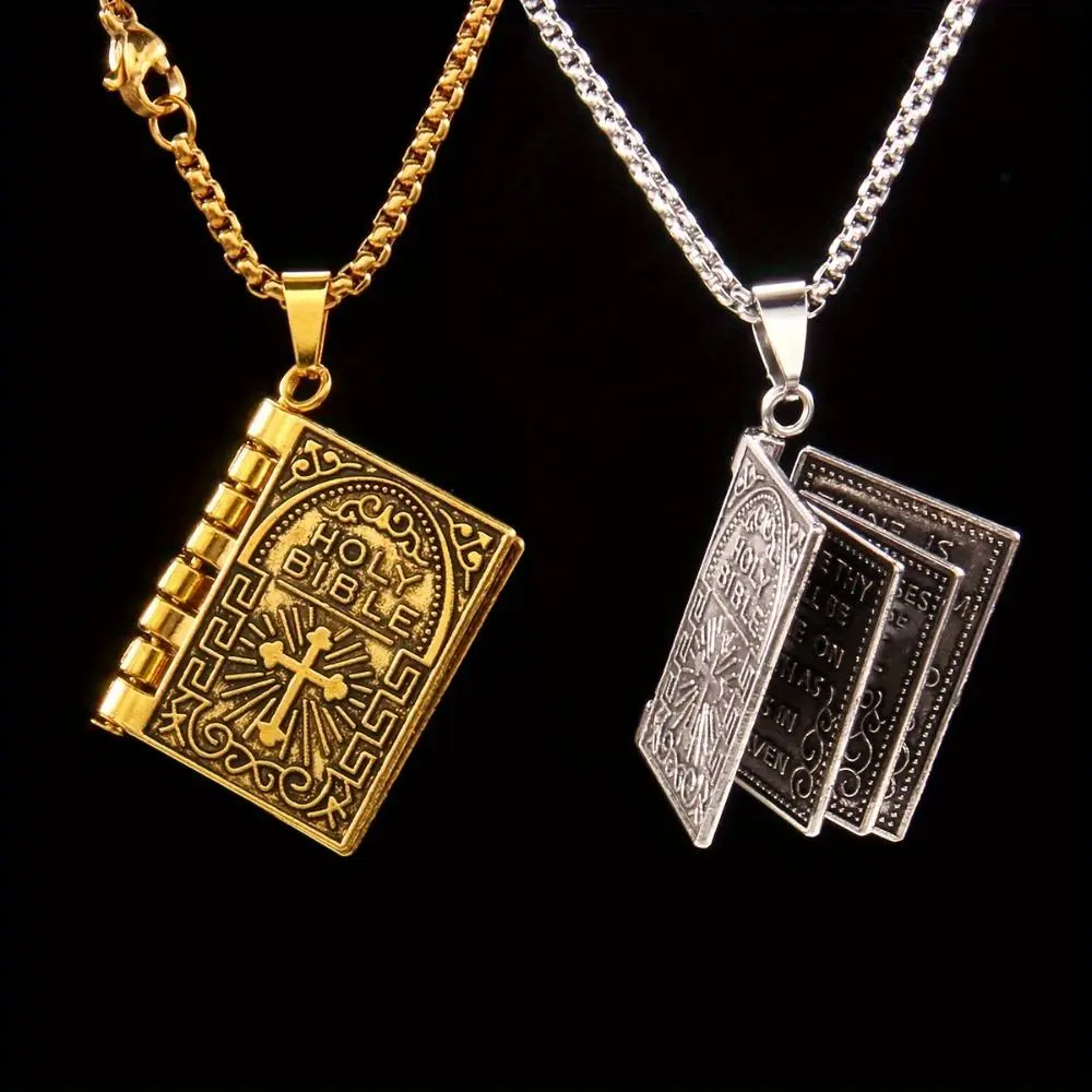 Vintage Pendant Necklace, Stainless Steel Bible Book Locket with Flip-Open Scripture Pages, Religious Cross Chain Jewelry Gift for Christians, Chain Jewelry Necklaces, Faith-Inspired Graphic Necklaces