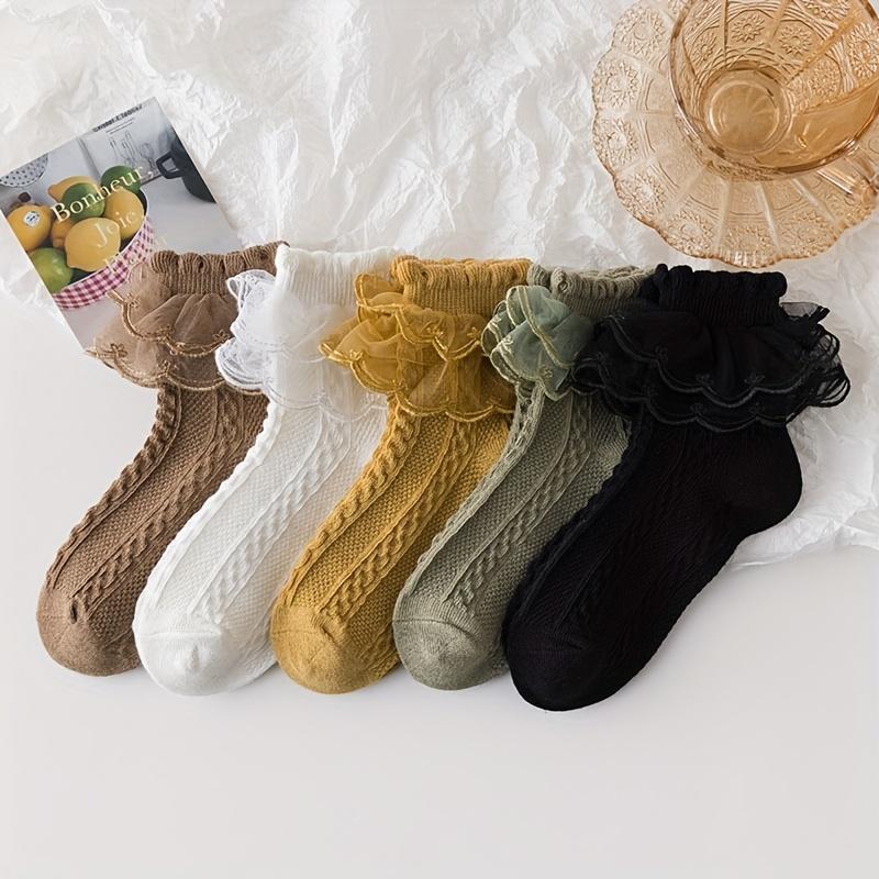 (New)New[Breathable Lace Socks] 5 Pairs Breathable Girls' Lace Ruffle Socks |               Polyester Blend, Comfortable, All-Season White Princess Socks for Dancing, Hand Wash Only, Dancing Socks |               Ruffle Detail Socks |               Knit T