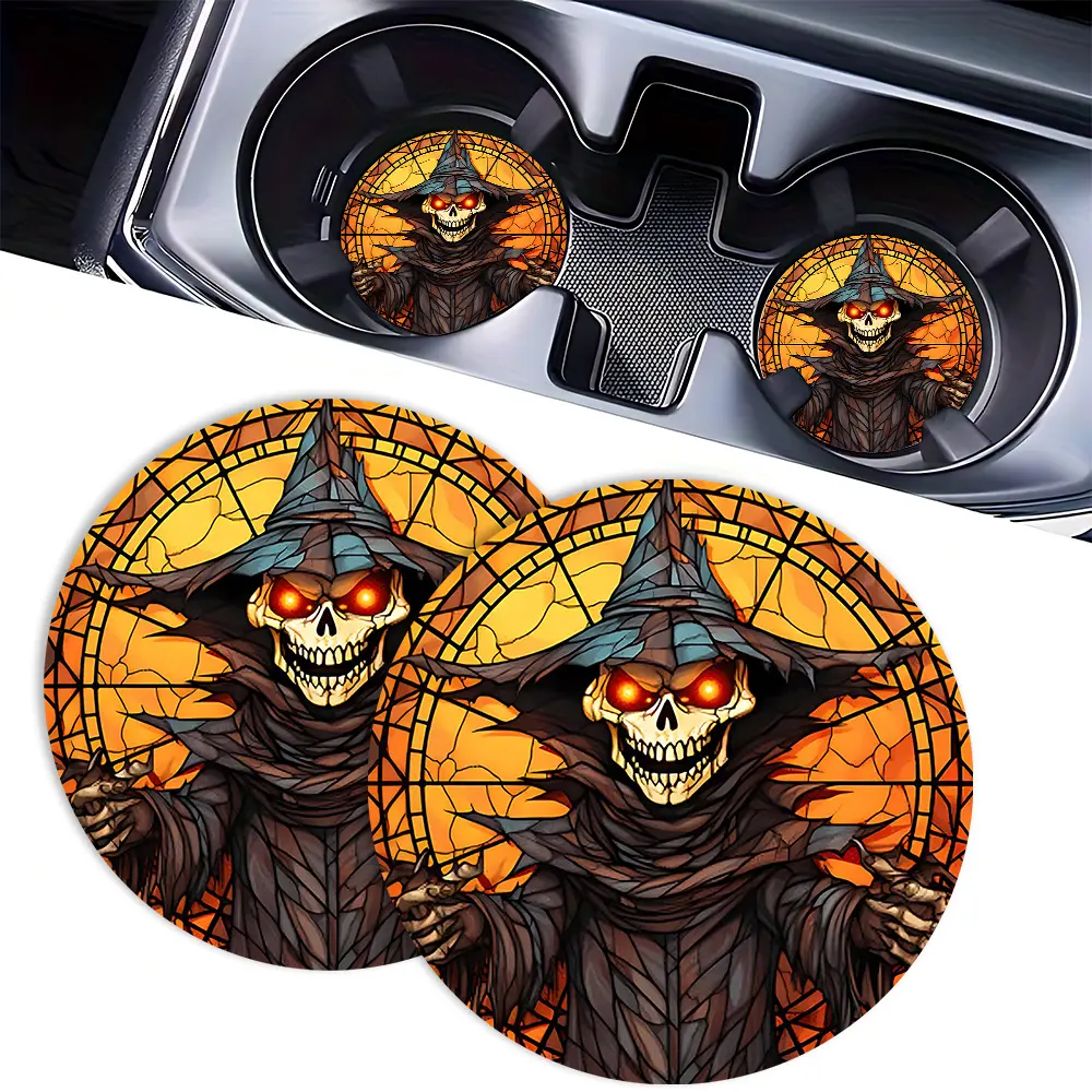 2-Pack Gothic Grim Reaper Design Novelty Print Stained Glass Skull Car Coasters, Absorbent Ceramic Auto Cup Holder Mats for Sports & Outdoor Camping & Hiking Hammock Use