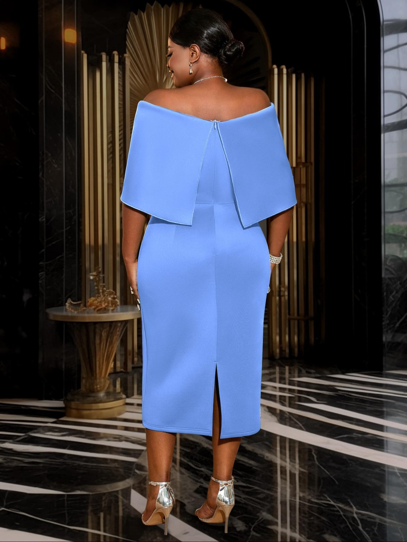 【Plus Size】 Ruched Off The Shoulder Split Hem Evening Dress Formal Wear, Elegant Zipper Back Dress for Party & Banquet, Women's Clothes for All Seasons, Womenswear, Gown Elegance