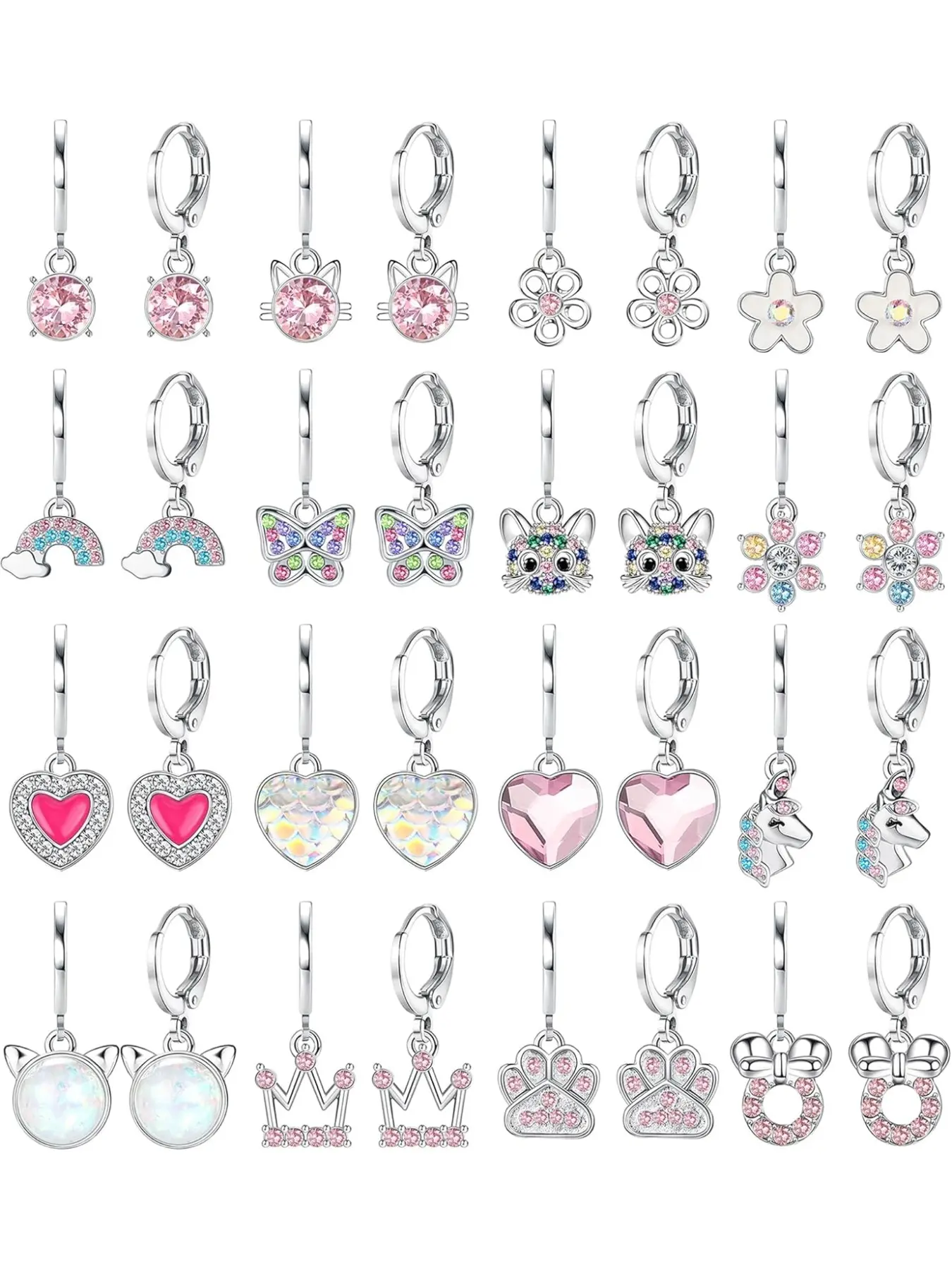 16 Pairs Earrings Set, Hypoallergenic Stainless Steel Jewelry, Cute Designs Like Hearts & Butterflies, Safe for Kids' Ears